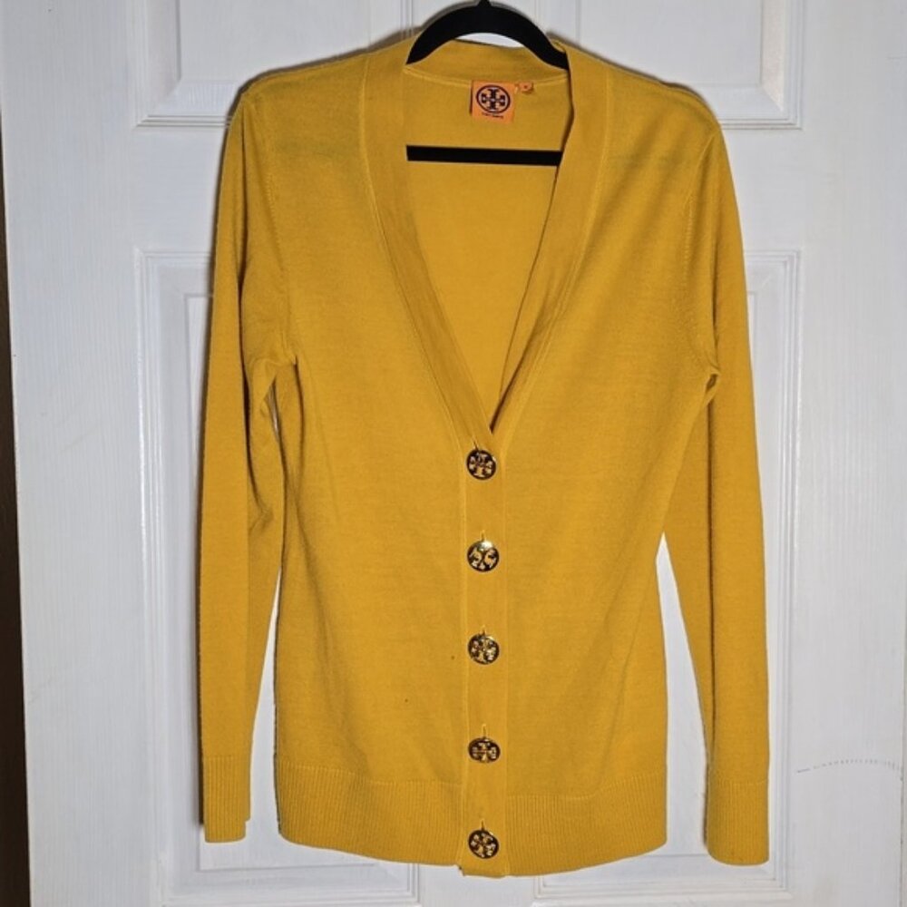TORY BURCH Womens size Medium M yellow long sleeve button down cardigan gold